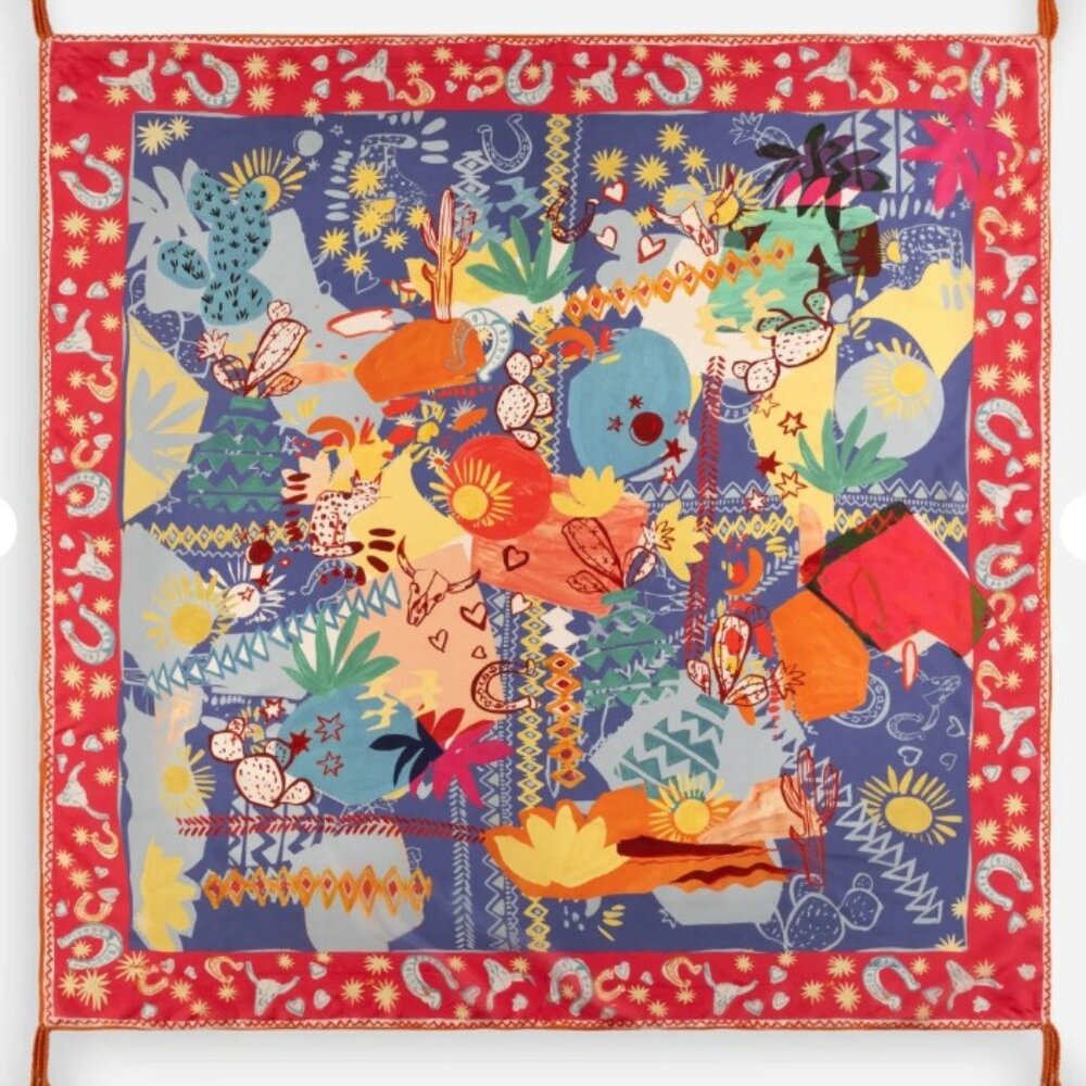 New Johnny Was 100% Silk Liberty Print Boho Print Scarf  tassel trim gift box